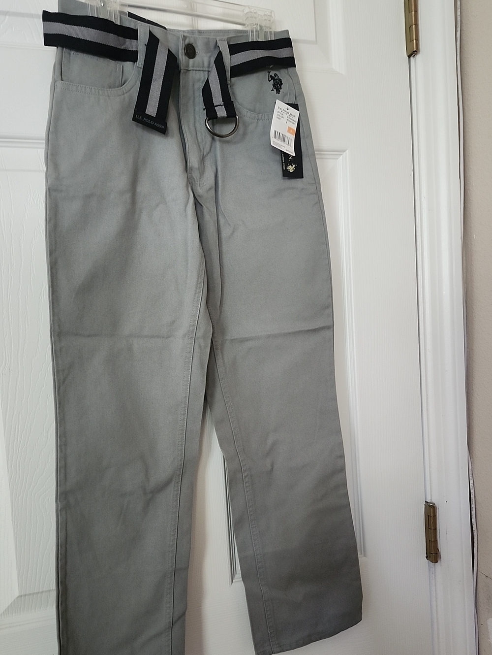 U.S. Polo Assn. Light Gray Boy's Chino Pants with Striped Belt